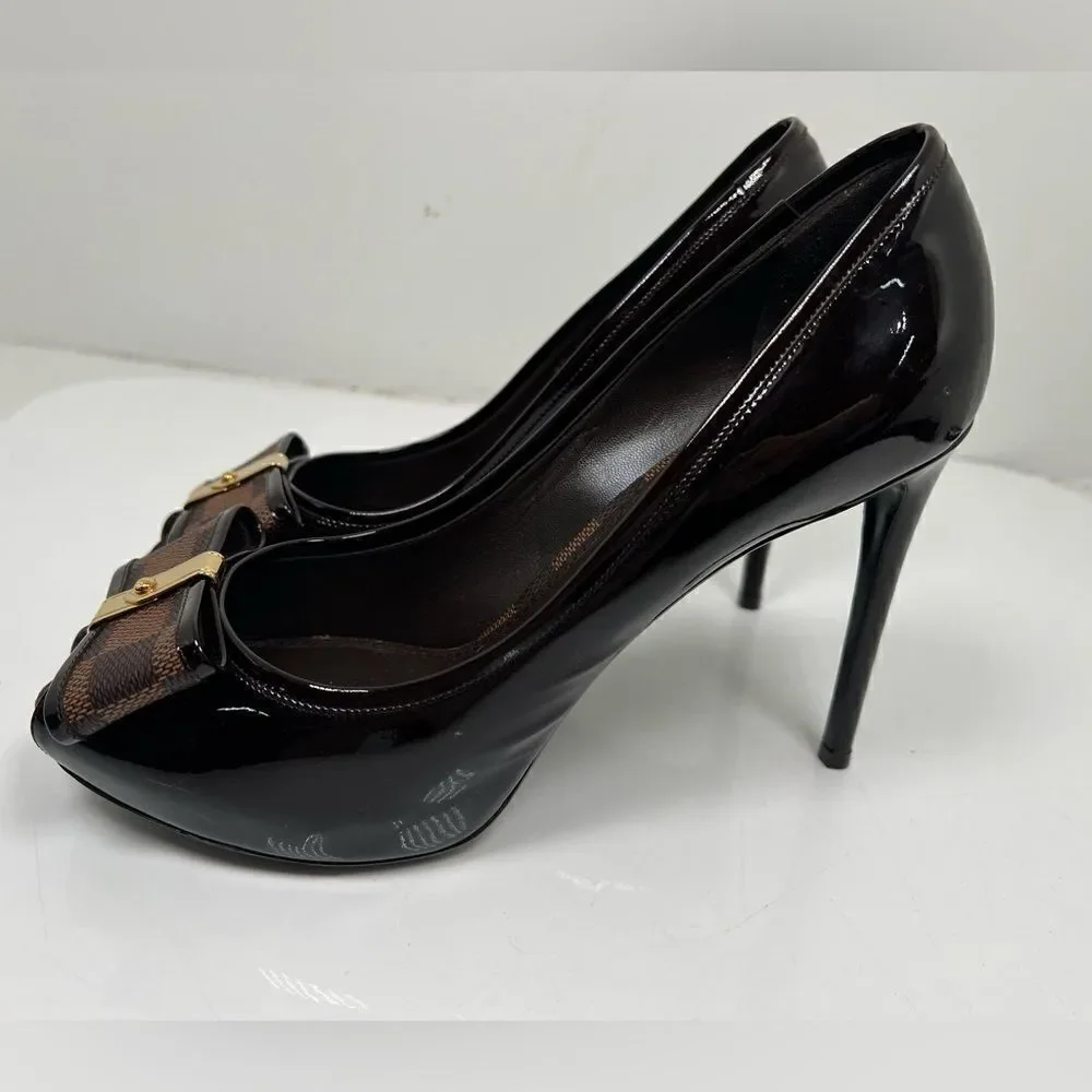 Louis Vuitton Brown Patent Leather Valentine Peep Toe Pumps Size 41